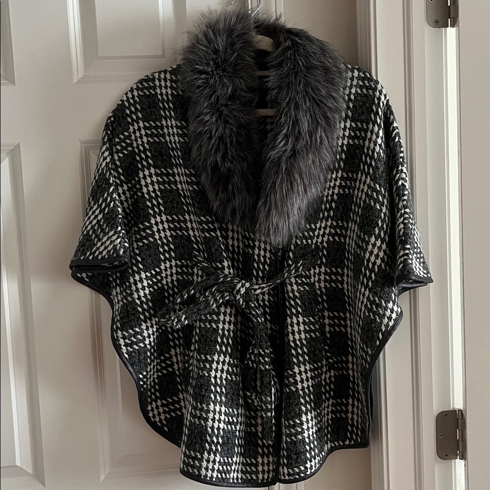Papillon MED Herringbone Gray Knit Button Tie Waist Sweater Jacket Faux Fur VGUC